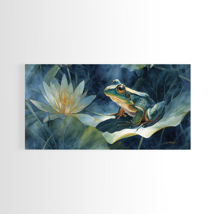 Frog on a Lotus Leaf Canvas Print, Animal Art, Digital Art, Living Room Decor, Oil Painting, Creature, Farmhouse Decor, ANI-2x1-64