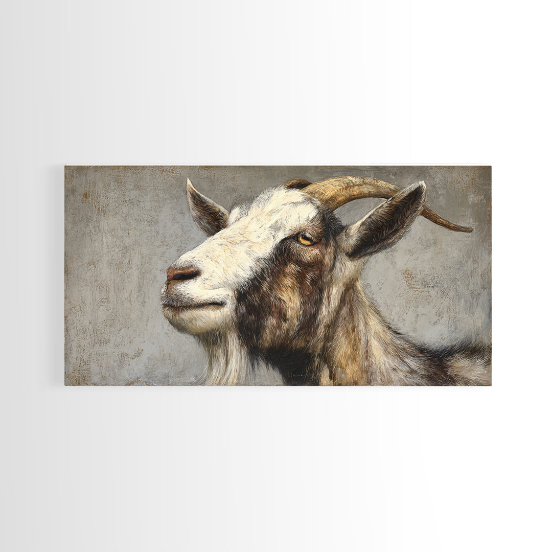 Goat Portrait with Rustic Folk Art Personality Framed Canvas Print, Animal Art, Digital Prints, Living Room Decor, Creature, ANI-2x1-65