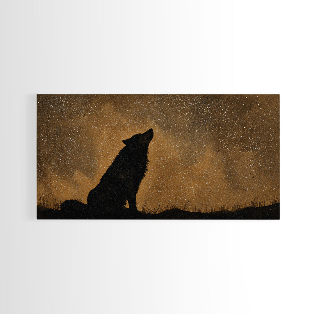 Wolf Silhouette Beneath a Star Filled Sky Canvas Print, Animal Art, Living Room Decor, Watercolor Art, Creature, ANI-2x1-66