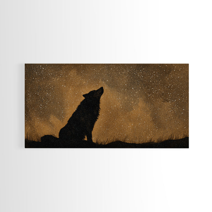 Wolf Silhouette Beneath a Star Filled Sky Canvas Print, Animal Art, Living Room Decor, Watercolor Art, Creature, ANI-2x1-66
