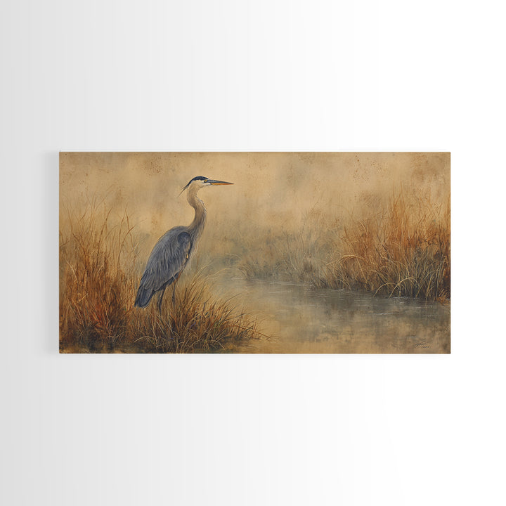 Blue Heron Standing Framed Canvas Print, Animal Art, Art, Living Room Decor, Fine Art, Creature, Original Art, Nursery Wall Art, ANI-2x1-7