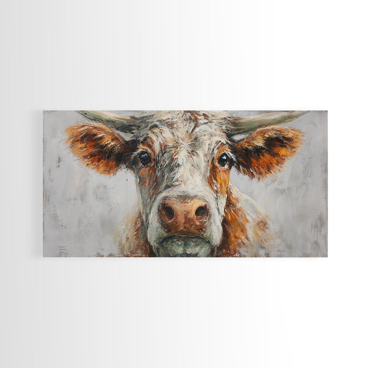 Gentle Cow Portrait Framed Canvas Print, Animal Art, Boho Decor, Living Room Decor, Oil Painting, Creature, Digital Prints, ANI-2x1-75