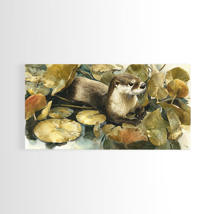 Playful Otter Floating Among Lily Pads Canvas Print, Animal Art, Nursery Wall Art, Living Room Decor, Fine Art, Creature, ANI-2x1-76