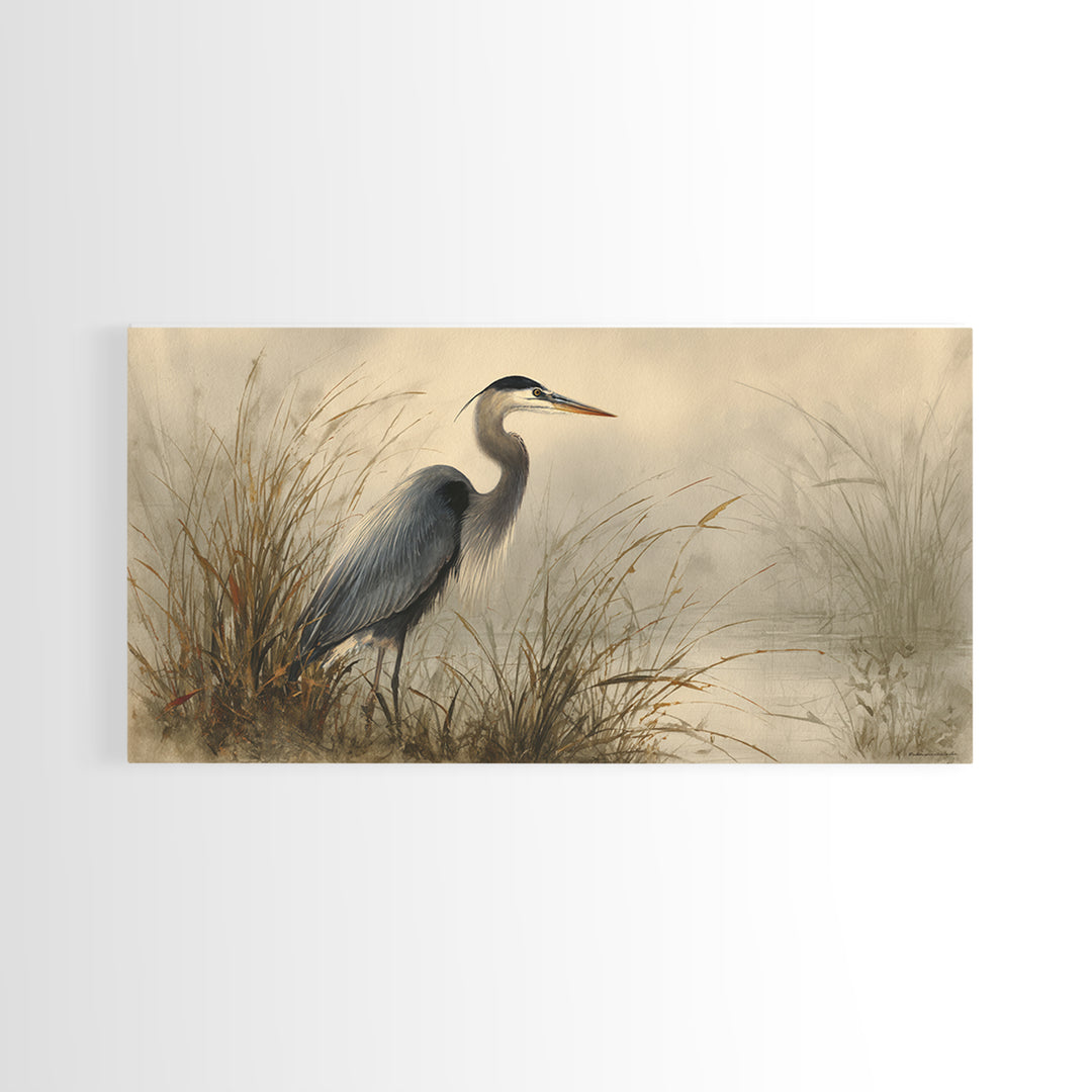 Blue Heron Standing Framed Canvas Print, Animal Art, Nursery Art, Living Room Decor, Fine Art, Creature, Luxury Decor, ANI-2x1-79
