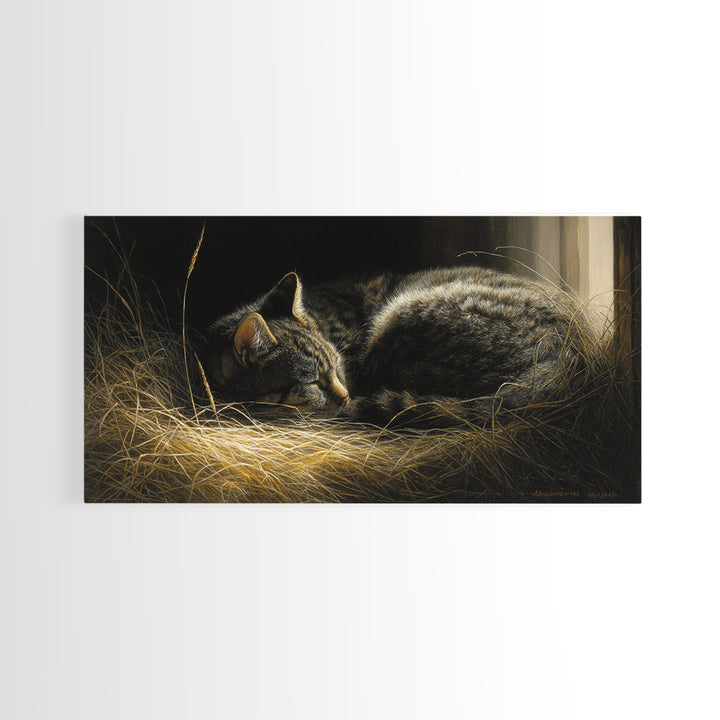 Sleeping Cat Curled Framed Canvas Print, Animal Art, Digital Print, Living Room Decor, Fine Art, Creature, Colorful Wall Art, ANI-2x1-80