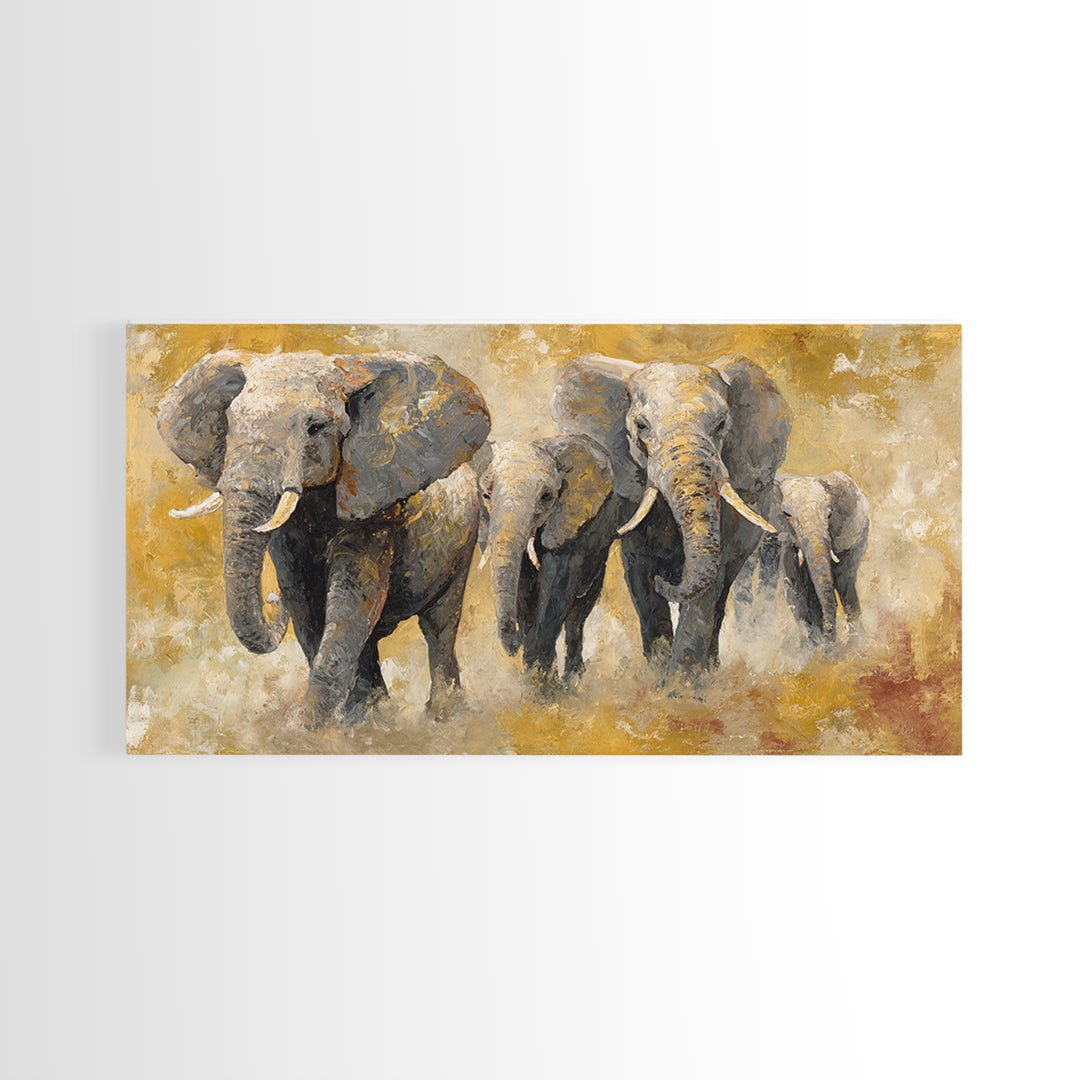 Elephant Family Walking Through Dusty Golden Light Canvas Print, Animal Art, Wall Art, Living Room Decor, Fine Art, Creature, ANI-2x1-82