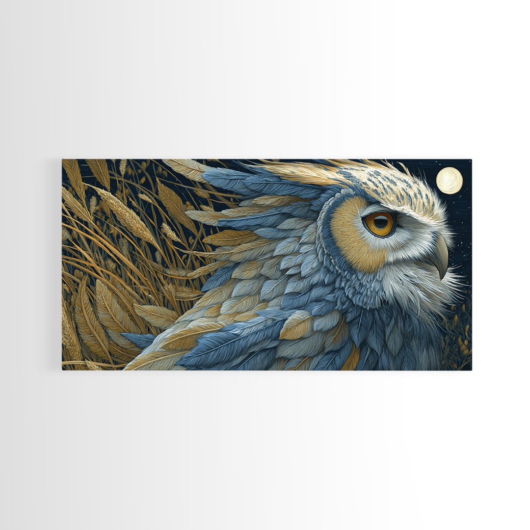 Owl with Moonlit Feathers and Celestial Accents Framed Canvas Print, Animal Art, Contemporary Art, Living Room Decor, Creature, ANI-2x1-83