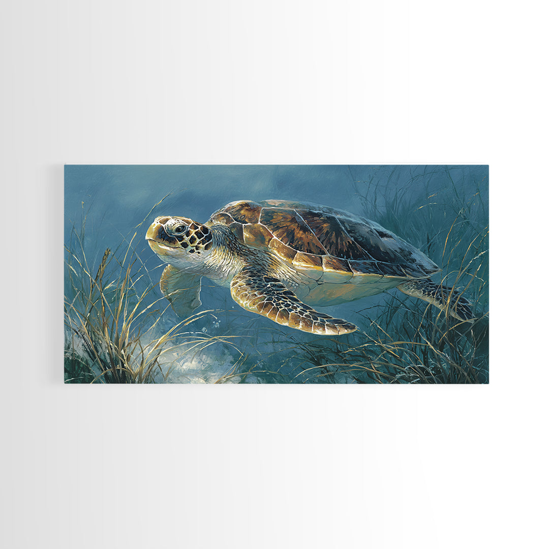 Sea Turtle Drifting Through Luminous Blue Water Framed Canvas Print, Animal Art, Home Decor, Living Room Decor, Creature, ANI-2x1-86
