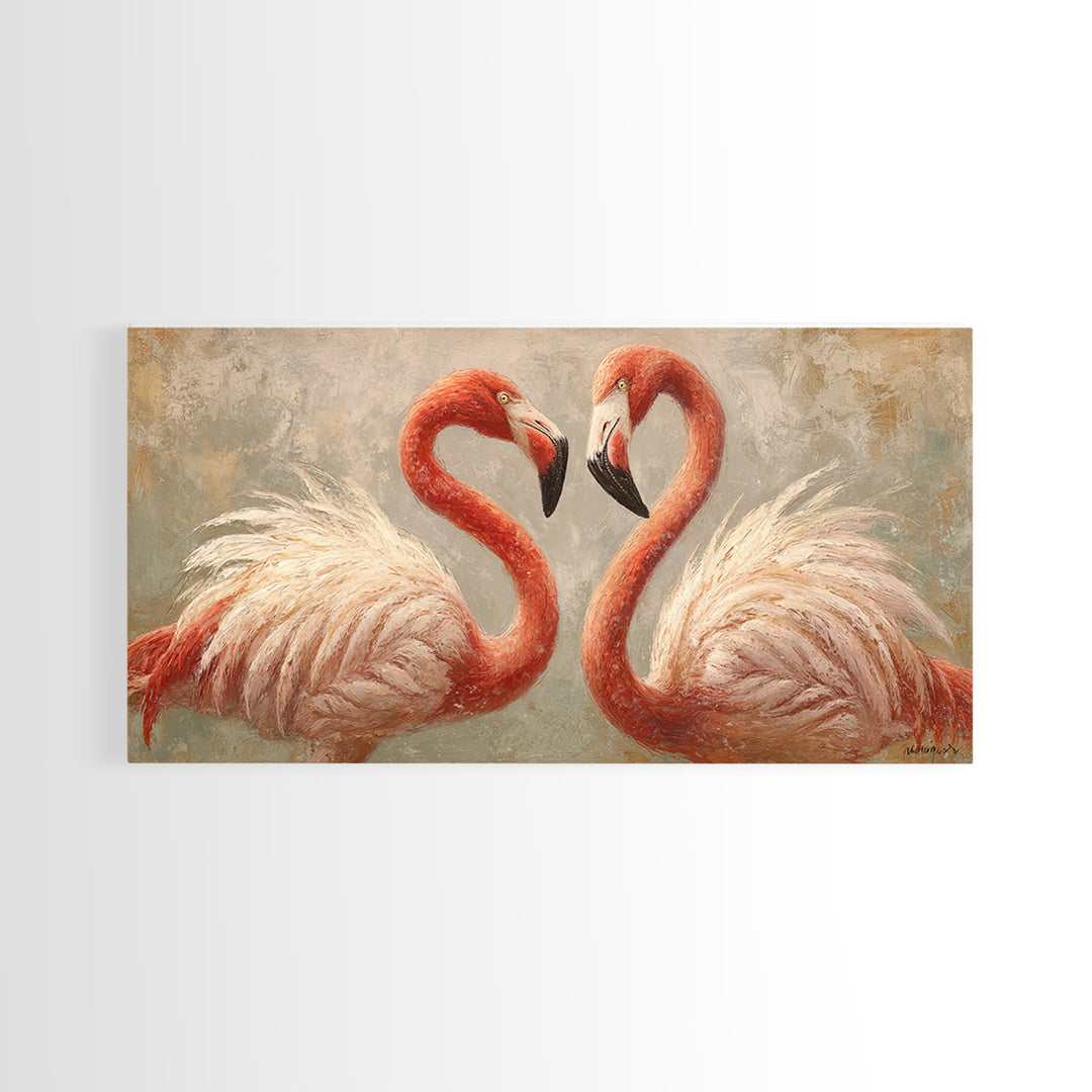 Flamingo Pair in Elegant Coral and Cream Framed Canvas Print, Animal Art, Living Room Decor, Fine Art, Creature, Fine Art Print, ANI-2x1-87