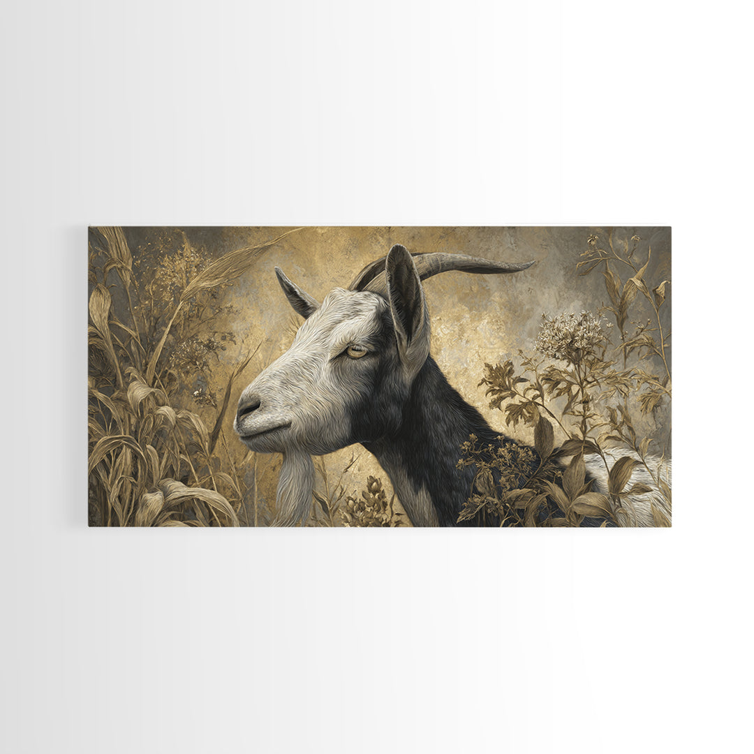 Goat Portrait with Rustic Folk Art Personality Canvas Print, Animal Art, Oil Painting, Living Room Decor, Fine Art, Creature, ANI-2x1-89