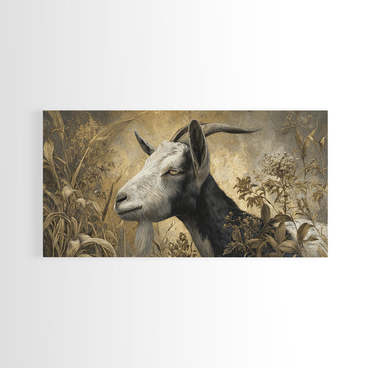 Goat Portrait with Rustic Folk Art Personality Canvas Print, Animal Art, Oil Painting, Living Room Decor, Fine Art, Creature, ANI-2x1-89