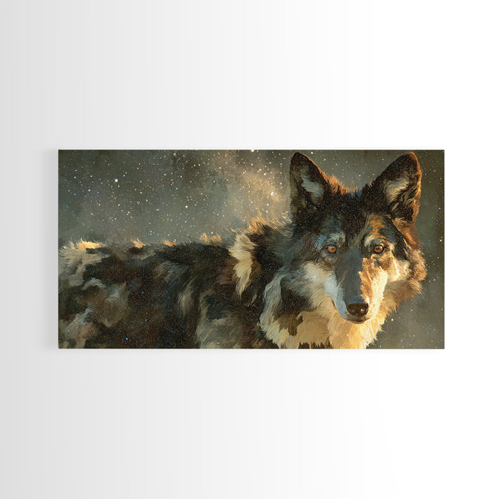 Wolf Silhouette Beneath a Star Filled Sky Framed Canvas Print, Animal Art, Art, Living Room Decor, Oil Painting, Creature, ANI-2x1-90