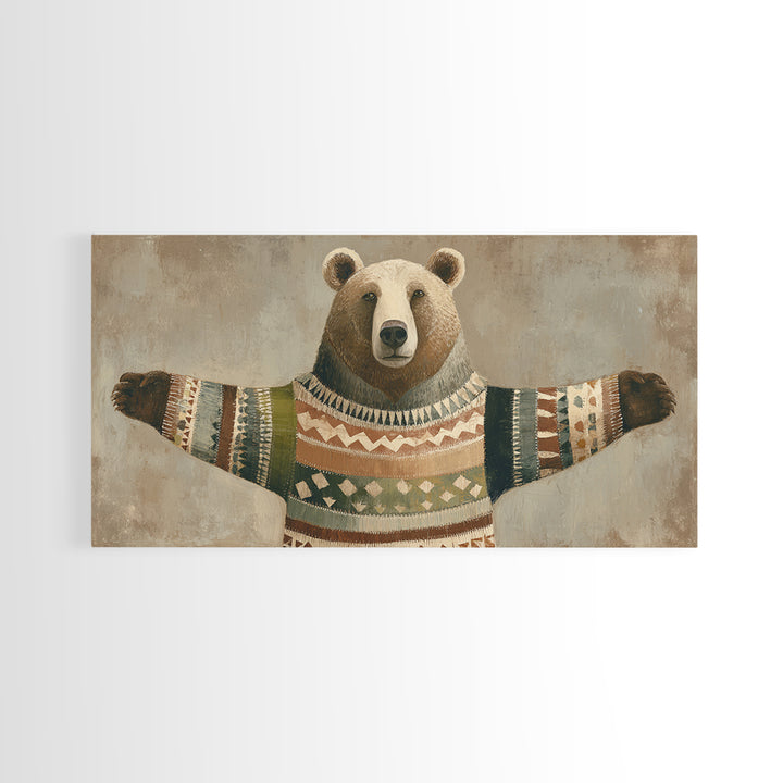 Whimsical Bear in a Patterned Sweater with Canvas Print, Animal Art, Wall Decor, Living Room Decor, Fine Art, Creature, ANI-2x1-94