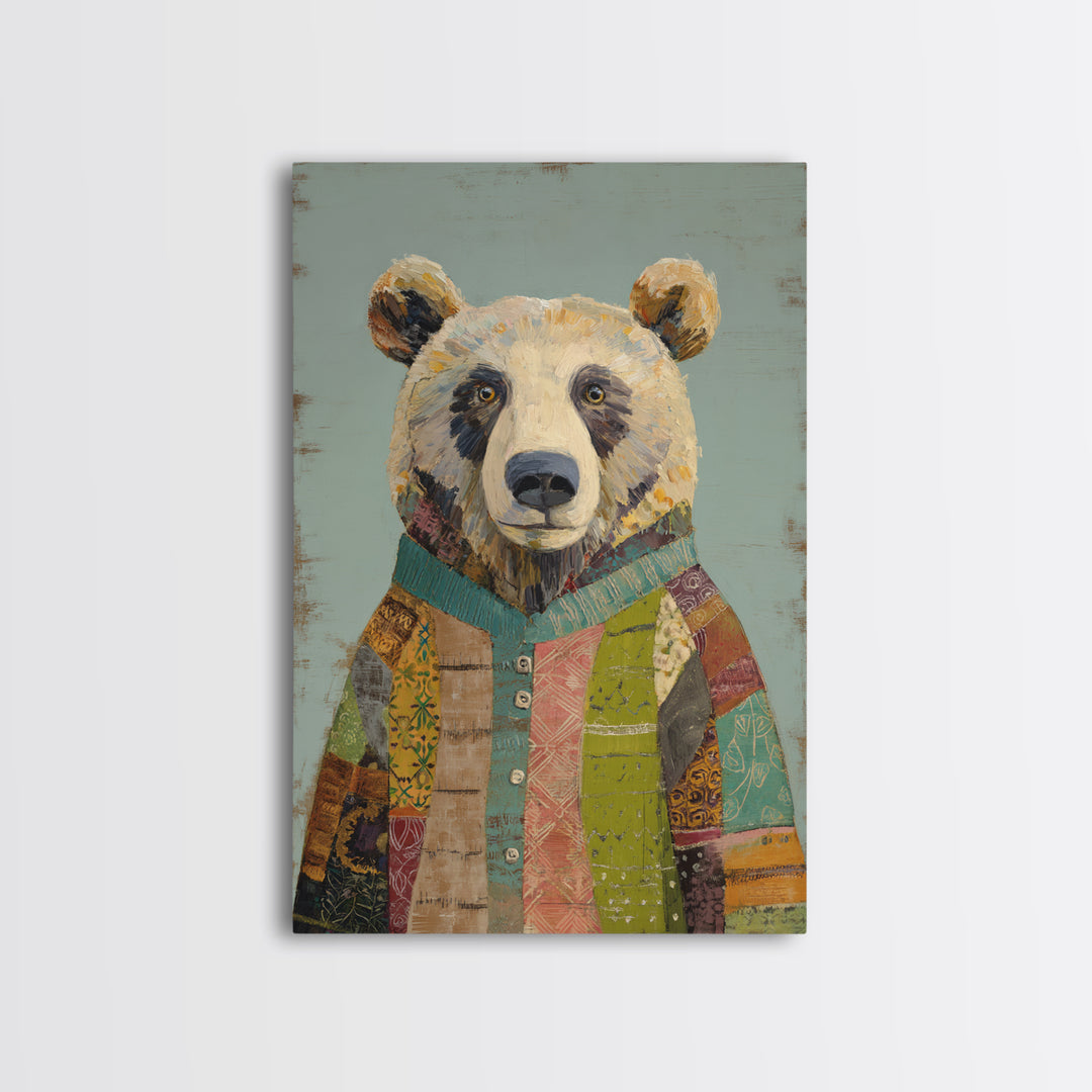 Whimsical Bear in a Patterned Sweater with Canvas Print, Animal Art, Luxury Decor, Living Room Decor, Fine Art, Creature, ANI-2x3-10