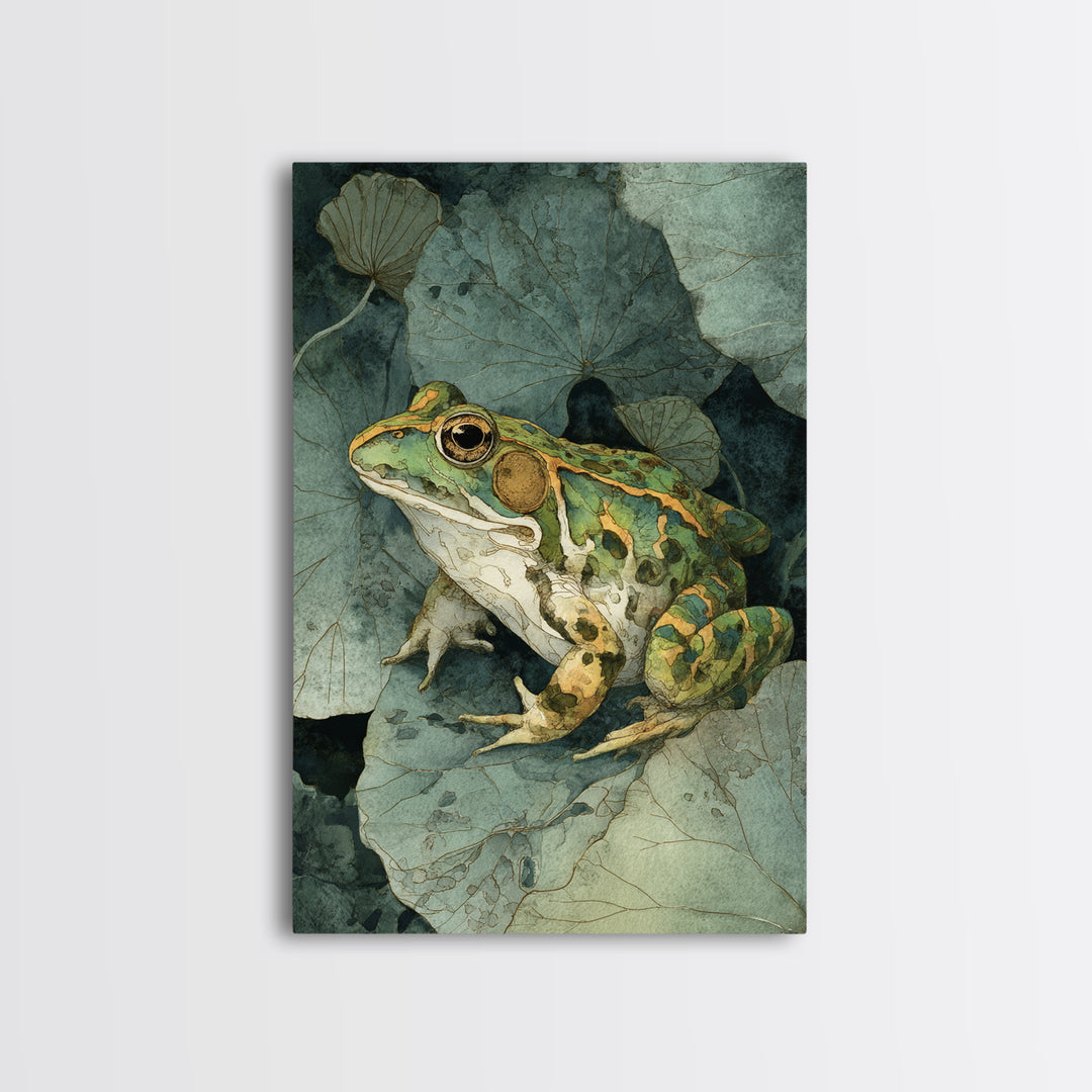Frog on a Lotus Leaf Framed Canvas Print, Animal Art, Art Print, Living Room Decor, Watercolor Art, Creature, Digital Art, ANI-2x3-100