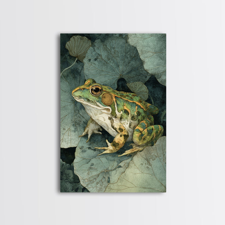 Frog on a Lotus Leaf Framed Canvas Print, Animal Art, Art Print, Living Room Decor, Watercolor Art, Creature, Digital Art, ANI-2x3-100