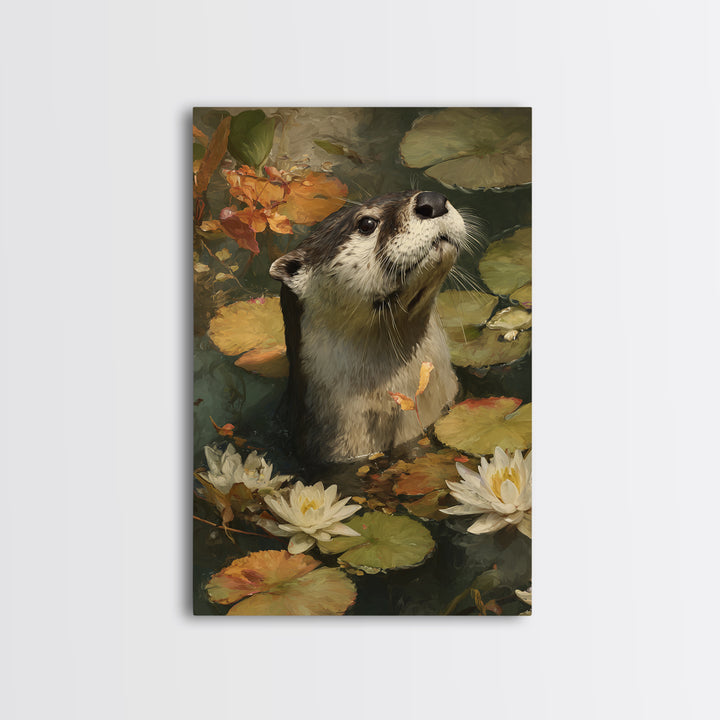 Playful Otter Floating Among Lily Pads Canvas Print, Animal Art, Boho Wall Art, Living Room Decor, Fine Art, Creature, ANI-2x3-16