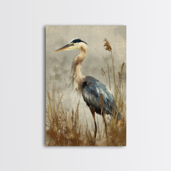 Blue Heron Standing Framed Canvas Print, Animal Art, Neutral Decor, Living Room Decor, Fine Art, Creature, Wall Art, Home Decor, ANI-2x3-19