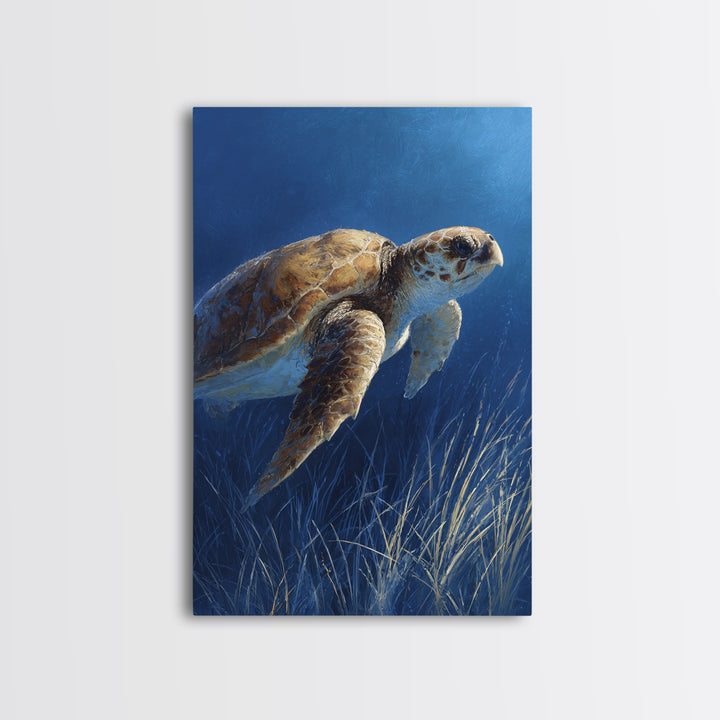 Sea Turtle Drifting Through Luminous Blue Water Framed Canvas Print, Animal Art, Boho Decor, Living Room Decor, Abstract Art, ANI-2x3-2