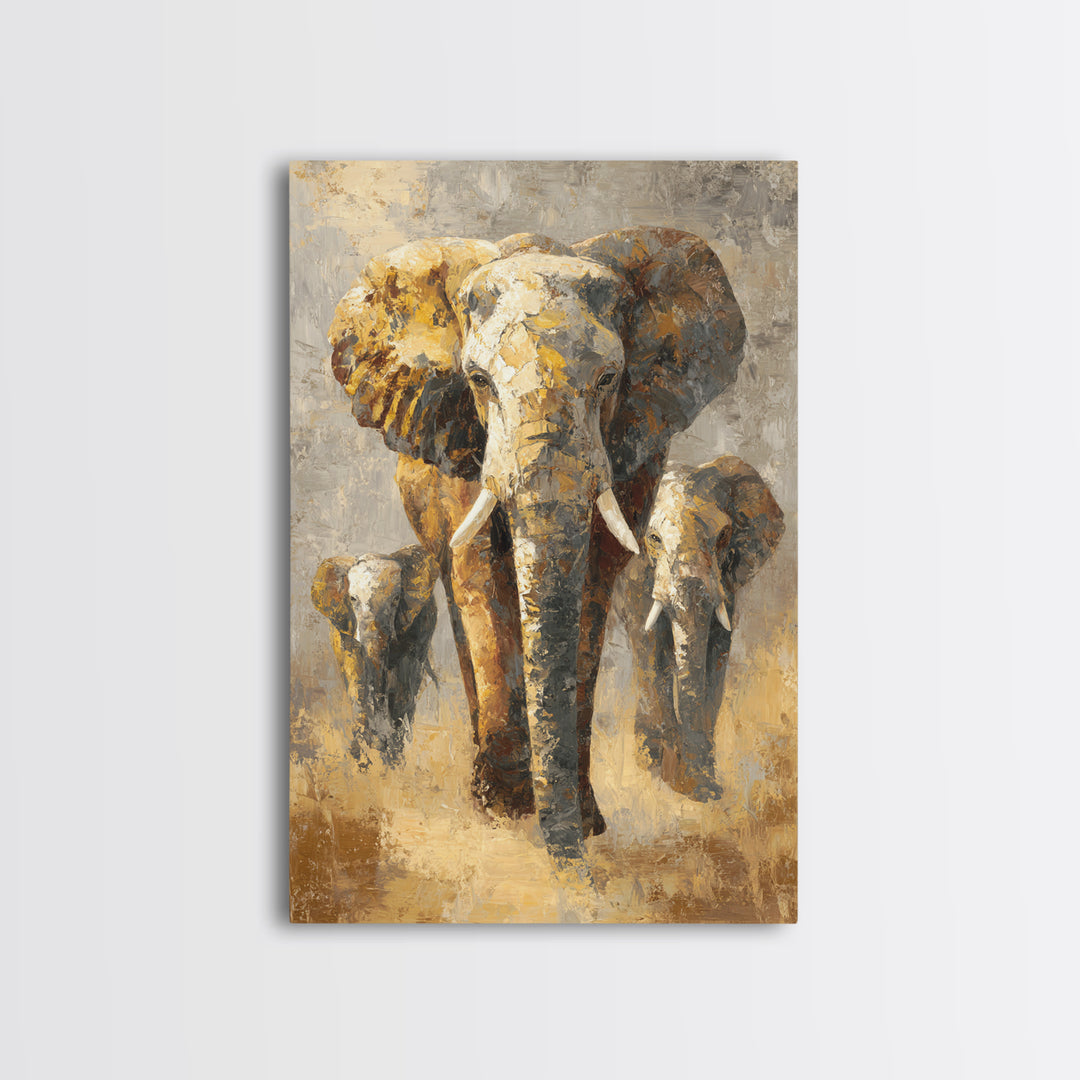 Elephant Family Walking Through Dusty Golden Light Canvas Print, Animal Art, Textured Painting, Living Room Decor, Creature, ANI-2x3-22