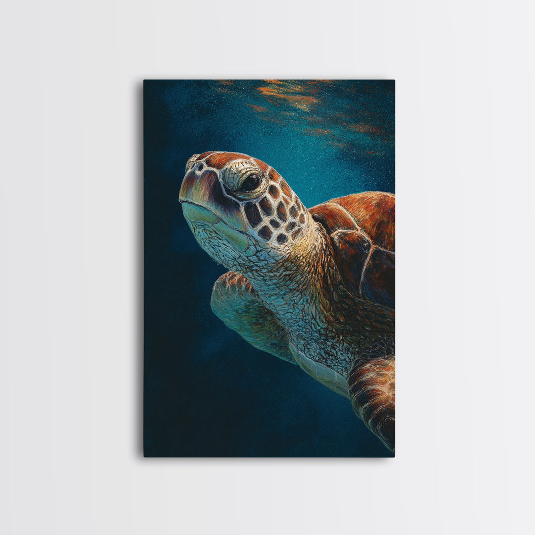 Sea Turtle Drifting Through Luminous Blue Water Framed Canvas Print, Animal Art, Boho Decor, Living Room Decor, Abstract Art, ANI-2x3-26