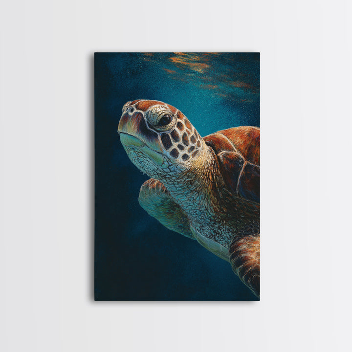 Sea Turtle Drifting Through Luminous Blue Water Framed Canvas Print, Animal Art, Boho Decor, Living Room Decor, Abstract Art, ANI-2x3-26