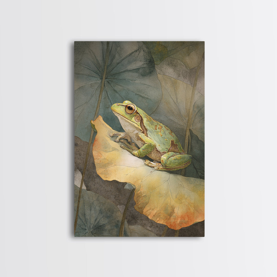 Frog on a Lotus Leaf Framed Canvas Print, Animal Art, Art Deco, Living Room Decor, Oil Painting, Creature, Cat Art, ANI-2x3-28