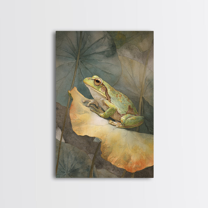 Frog on a Lotus Leaf Framed Canvas Print, Animal Art, Art Deco, Living Room Decor, Oil Painting, Creature, Cat Art, ANI-2x3-28