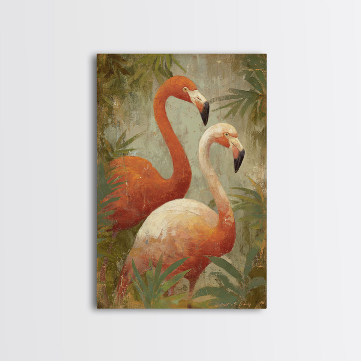 Flamingo Pair in Elegant Coral and Cream Framed Canvas Print, Animal Art, Trendy Wall Art, Living Room Decor, Creature, ANI-2x3-3