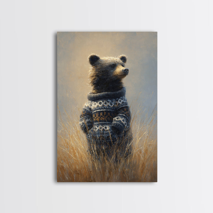 Whimsical Bear in a Patterned Sweater with Framed Canvas Print, Animal Art, Contemporary Art, Living Room Decor, Creature, ANI-2x3-34