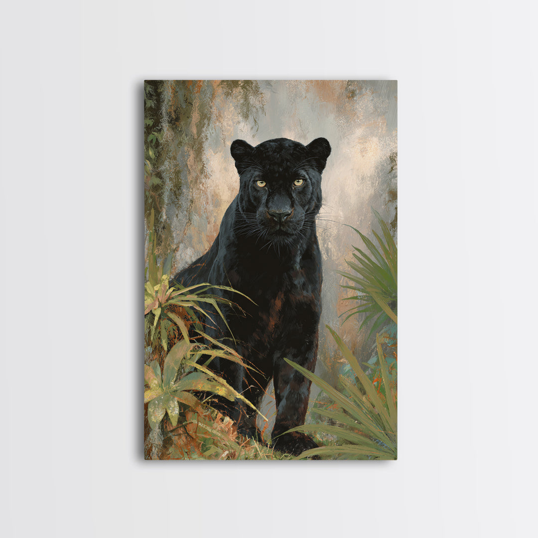Dramatic Black Panther Emerging from Deep Jungle Framed Canvas Print, Animal Art, Wall Art, Living Room Decor, Creature, ANI-2x3-38