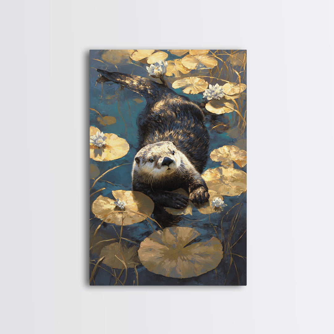 Playful Otter Floating Among Lily Pads Canvas Print, Animal Art, Fine Art Print, Living Room Decor, Fine Art, Creature, ANI-2x3-40