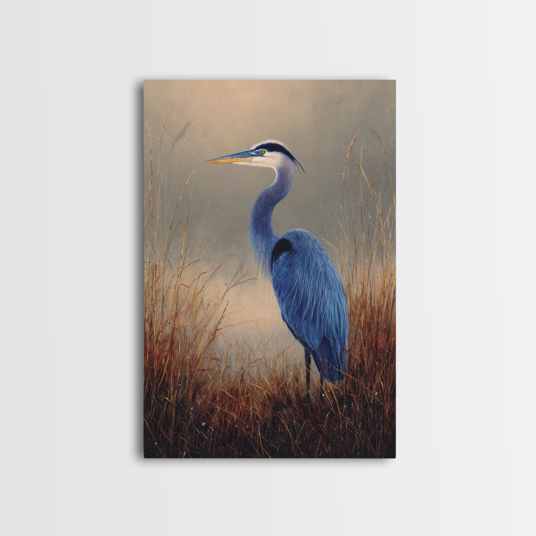 Blue Heron Standing Framed Canvas Print, Animal Art, Contemporary Art, Living Room Decor, Fine Art, Creature, Digital Wall Art, ANI-2x3-43