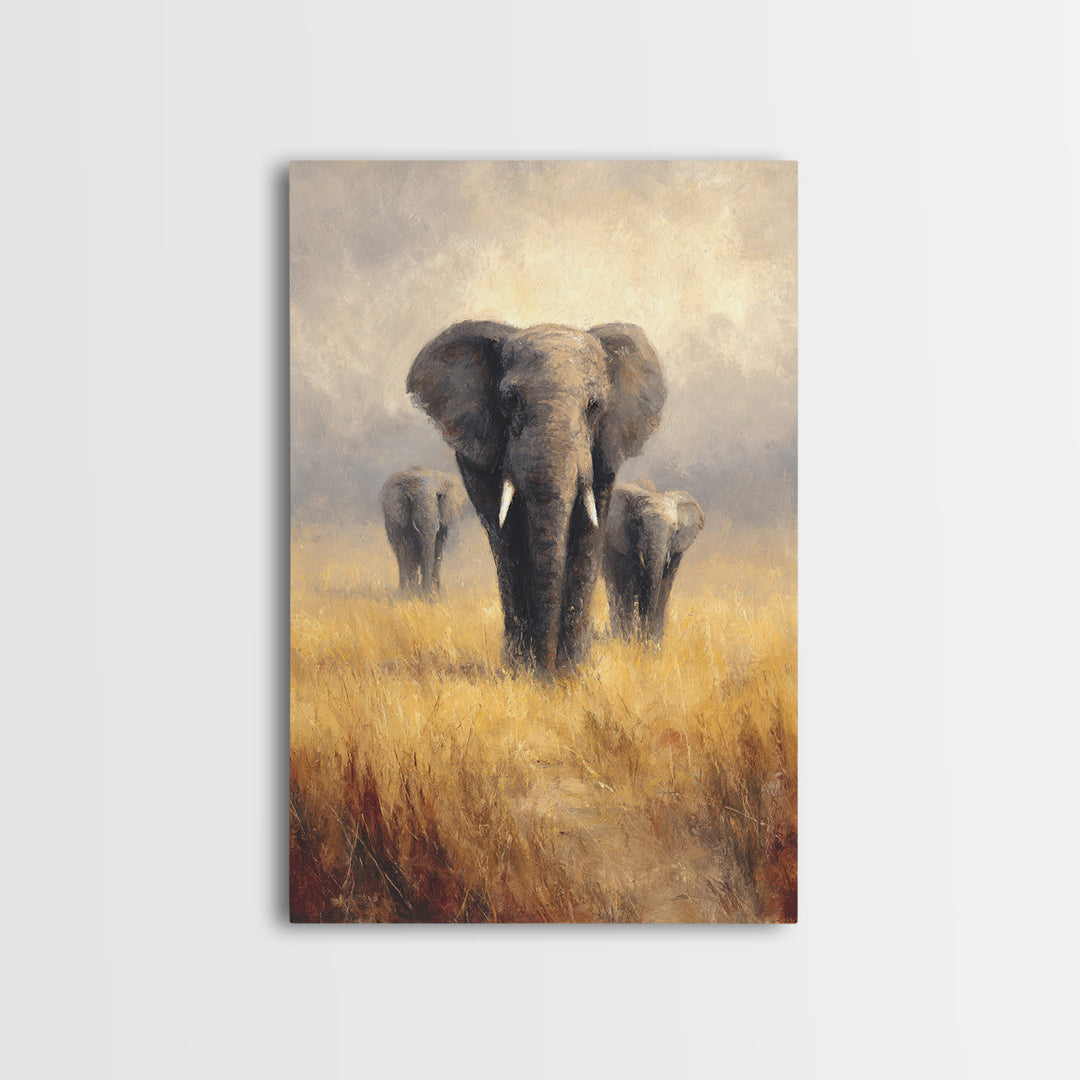 Elephant Family Walking Through Dusty Golden Light Canvas Print, Animal Art, Textured Painting, Living Room Decor, Creature, ANI-2x3-46