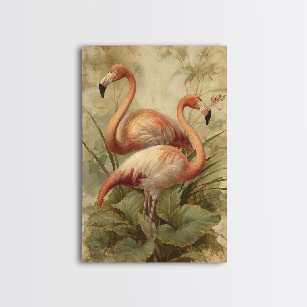 Flamingo Pair in Elegant Coral and Cream Framed Canvas Print, Animal Art, Room Decor, Living Room Decor, Oil Painting, Creature, ANI-2x3-51