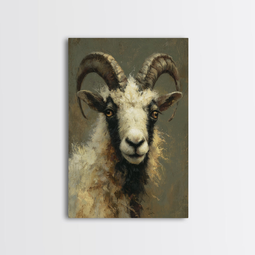 Goat Portrait with Rustic Folk Art Personality Framed Canvas Print, Animal Art, Digital Art, Living Room Decor, Oil Painting, ANI-2x3-53