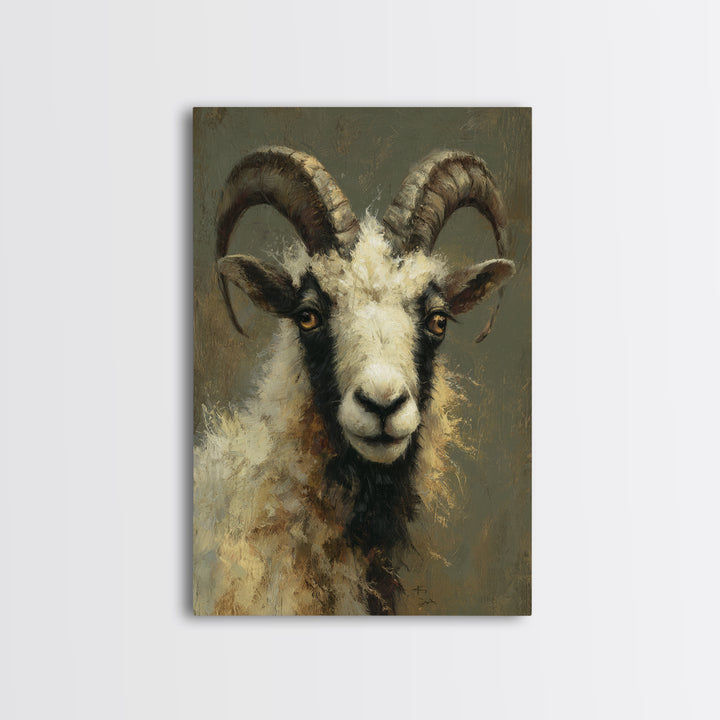 Goat Portrait with Rustic Folk Art Personality Framed Canvas Print, Animal Art, Digital Art, Living Room Decor, Oil Painting, ANI-2x3-53