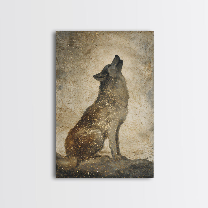Wolf Silhouette Beneath a Star Filled Sky Canvas Print, Animal Art, Minimalist Decor, Living Room Decor, Fine Art, Creature, ANI-2x3-54