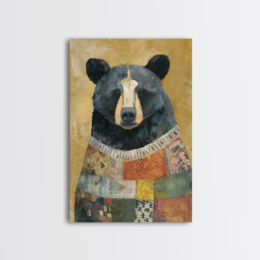 Whimsical Bear in a Patterned Sweater with Canvas Print, Animal Art, Digital Prints, Living Room Decor, Fine Art, Creature, ANI-2x3-58
