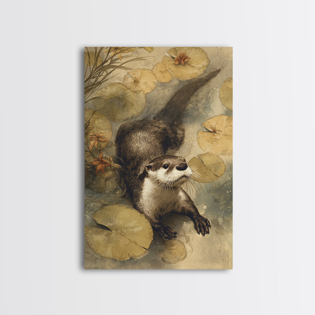 Playful Otter Floating Among Lily Pads Framed Canvas Print, Animal Art, Room Decor, Living Room Decor, Fine Art, Creature, ANI-2x3-64