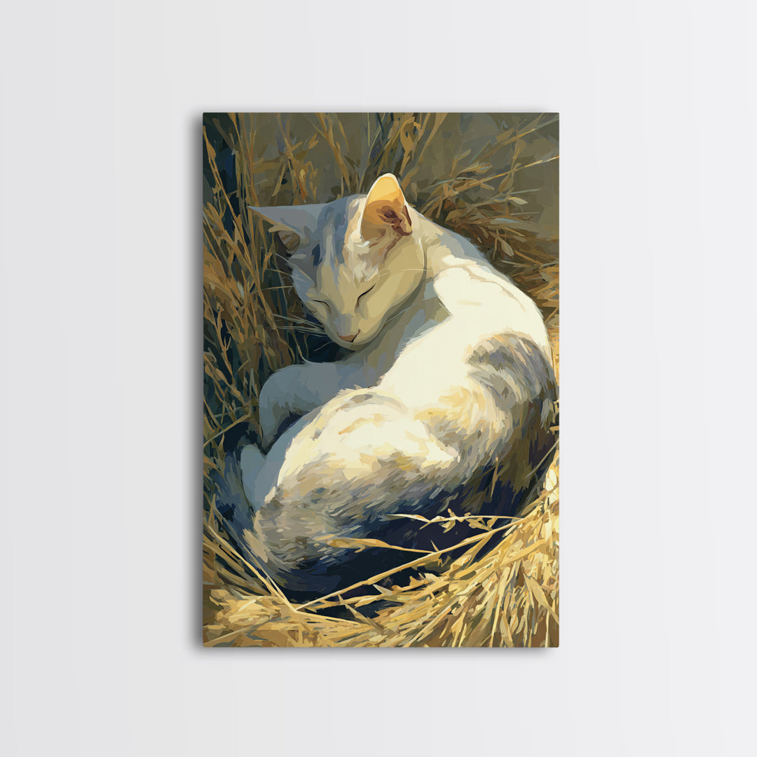 Sleeping Cat Curled Framed Canvas Print, Animal Art, Printable, Living Room Decor, Fine Art, Creature, Nursery, Boho Wall Art, ANI-2x3-68