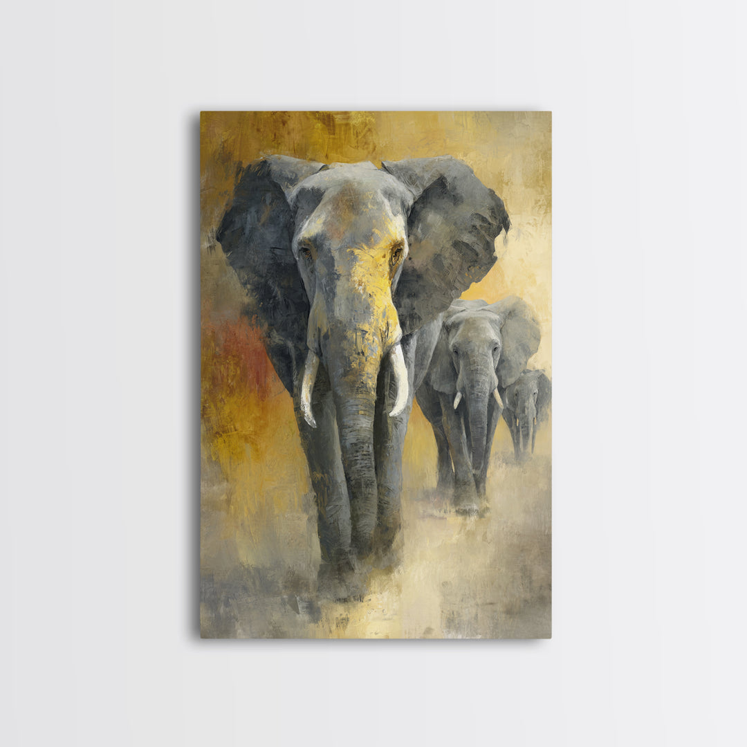 Elephant Family Walking Through Dusty Golden Light Canvas Print, Animal Art, Art, Living Room Decor, Fine Art, Creature, ANI-2x3-70