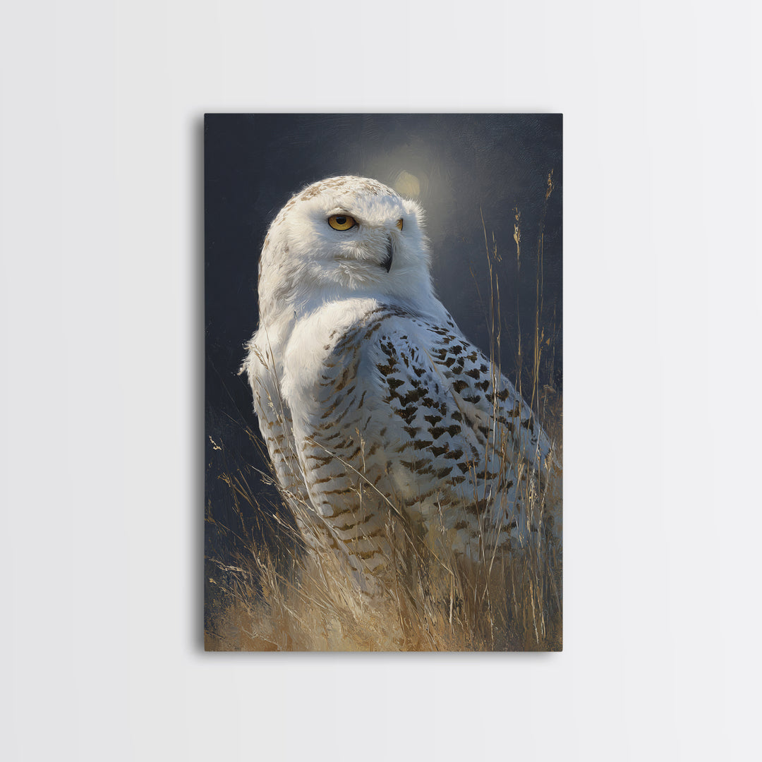 Owl with Moonlit Feathers and Celestial Accents Canvas Print, Animal Art, Print, Living Room Decor, Fine Art, Creature, ANI-2x3-71