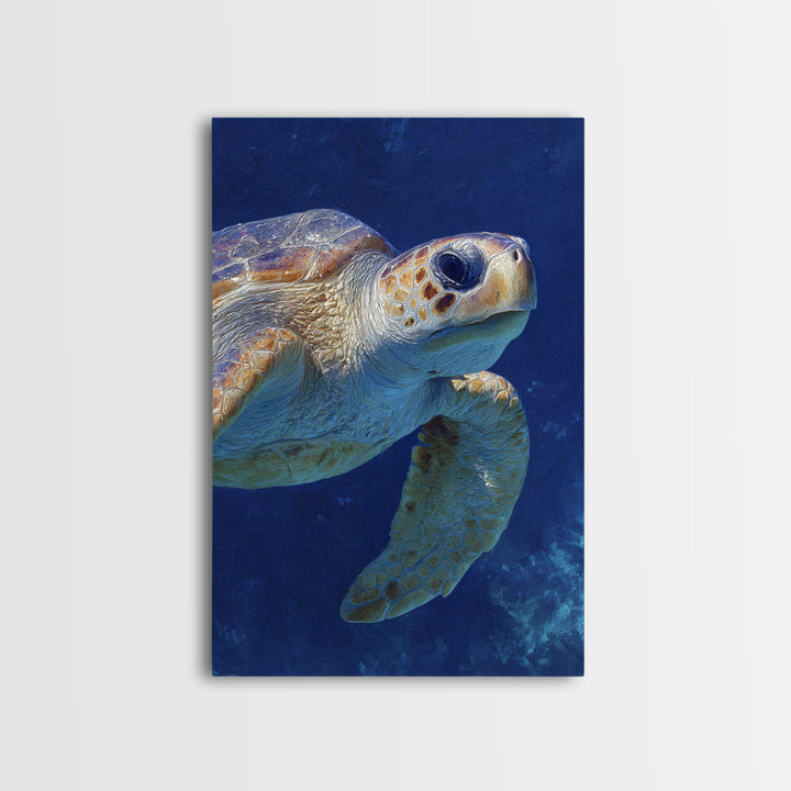 Sea Turtle Drifting Through Luminous Blue Water Framed Canvas Print, Animal Art, Living Room Decor, Watercolor Art, Creature, ANI-2x3-74
