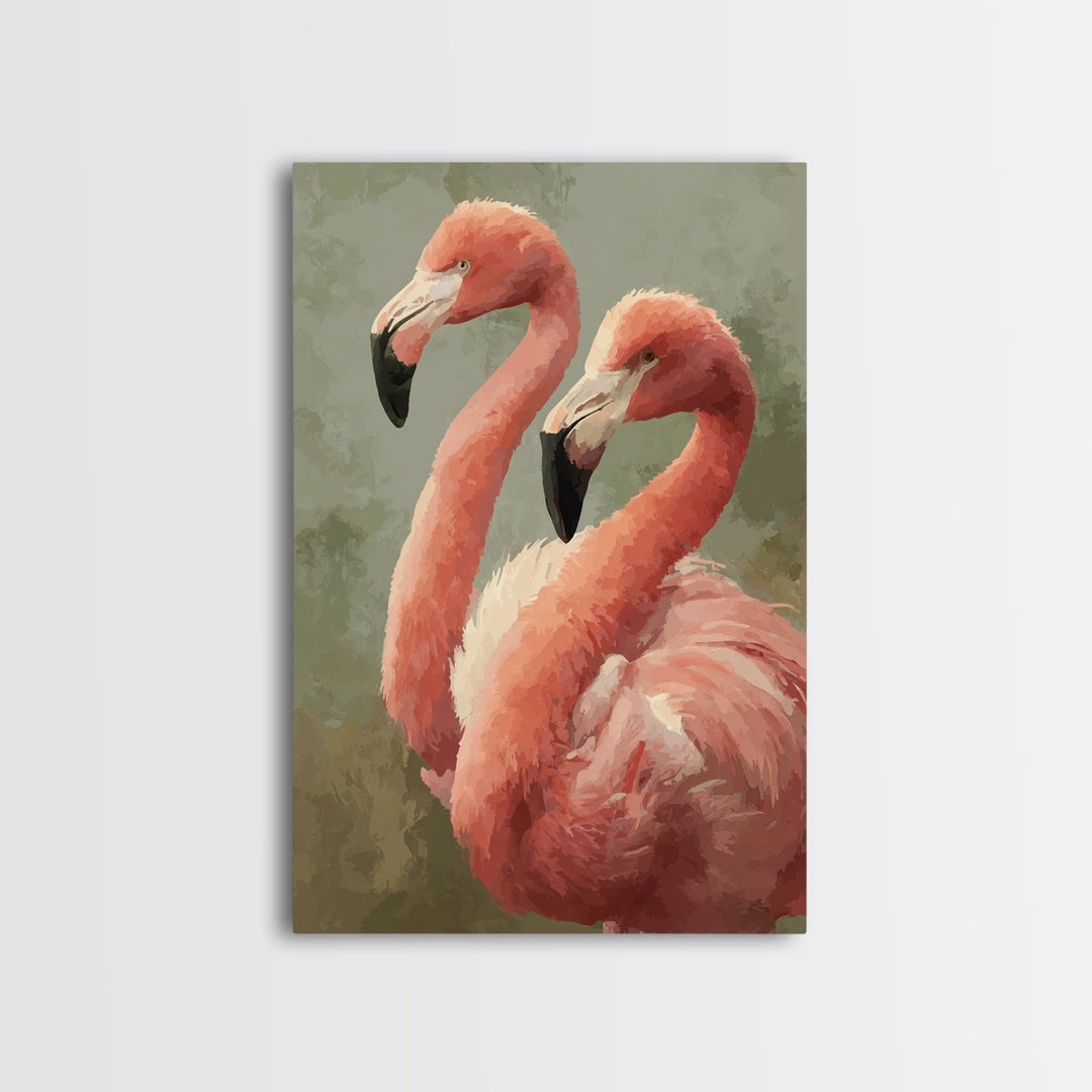 Flamingo Pair in Elegant Coral and Cream Framed Canvas Print, Animal Art, Digital Art, Living Room Decor, Fine Art, Creature, ANI-2x3-75