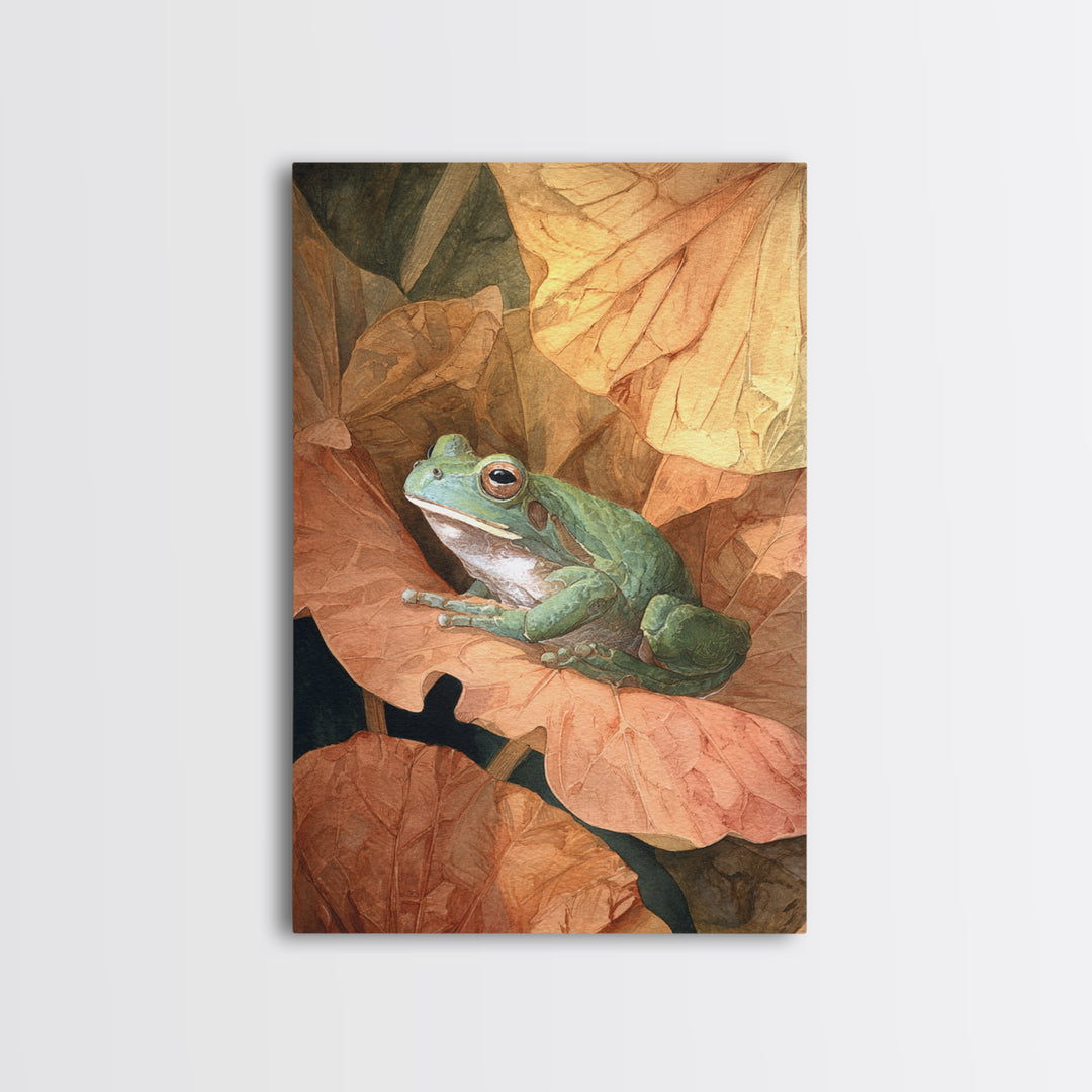 Frog on a Lotus Leaf Framed Canvas Print, Animal Art, Nursery Wall Art, Living Room Decor, Fine Art, Creature, Trendy Wall Art, ANI-2x3-76