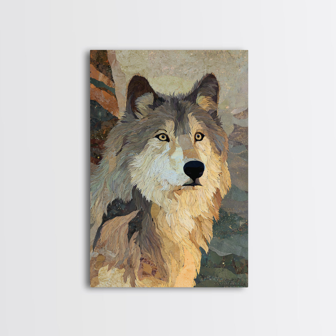Wolf Silhouette Beneath a Star Filled Sky Framed Canvas Print, Animal Art, Decor, Living Room Decor, Fine Art, Creature, ANI-2x3-78