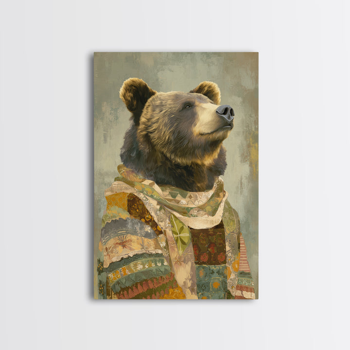 Whimsical Bear in a Patterned Sweater with Canvas Print, Animal Art, Digital Prints, Living Room Decor, Fine Art, Creature, ANI-2x3-82