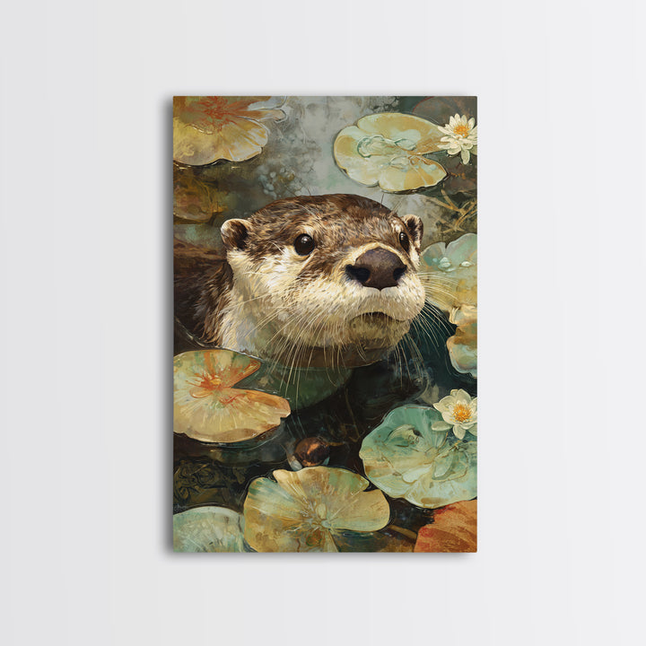 Playful Otter Floating Among Lily Pads Framed Canvas Print, Animal Art, Digital Art, Living Room Decor, Fine Art, Creature, ANI-2x3-88