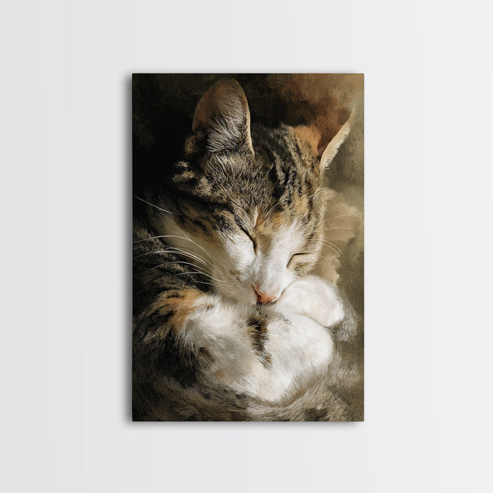 Sleeping Cat Curled Framed Canvas Print, Animal Art, Gallery Decor, Living Room Decor, Abstract Art, Creature, Contemporary Art, ANI-2x3-92